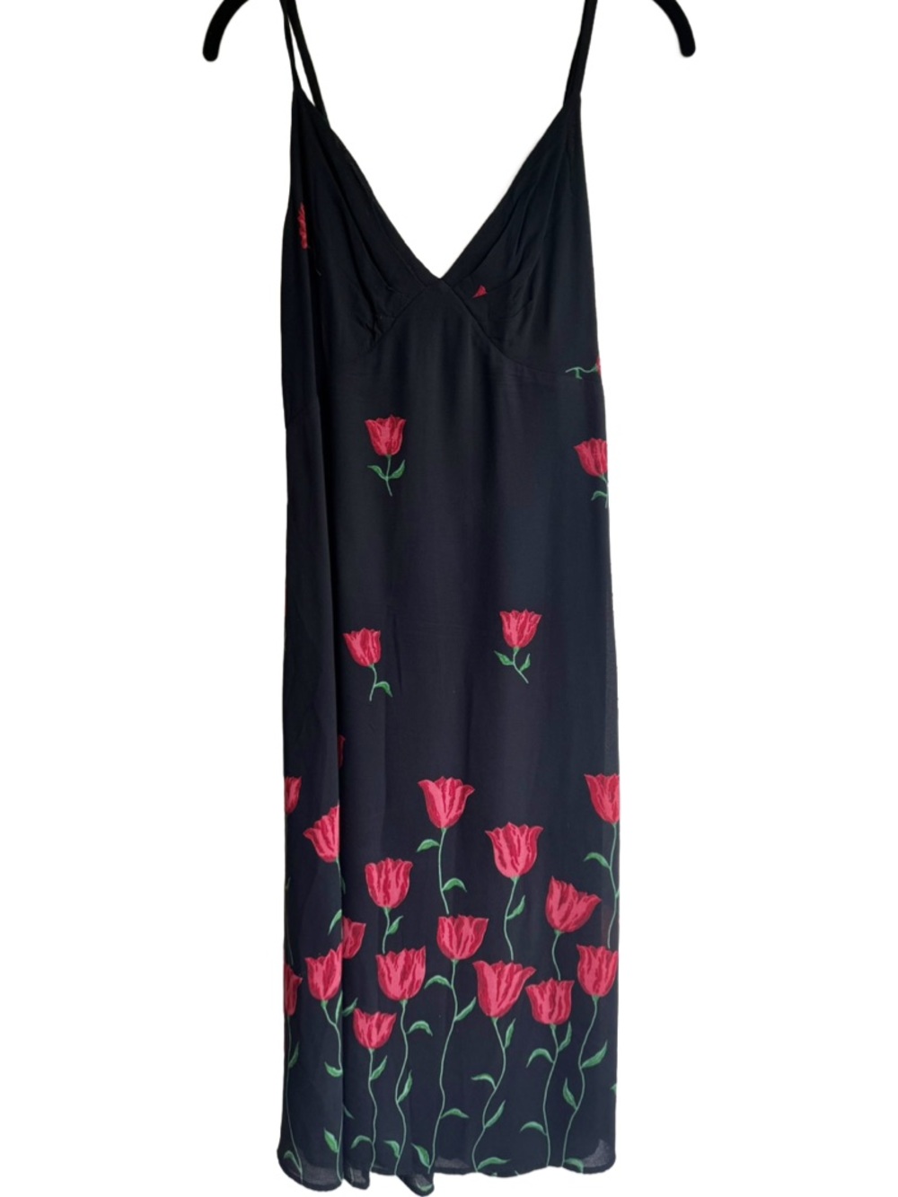 Reformation Black Maxi Slip Dress with Red Tulip Print